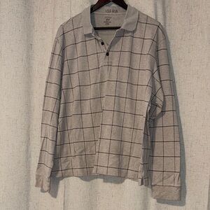 George Men's Long Sleeve Polo Washed Stone Heather Gray with Check Pattern